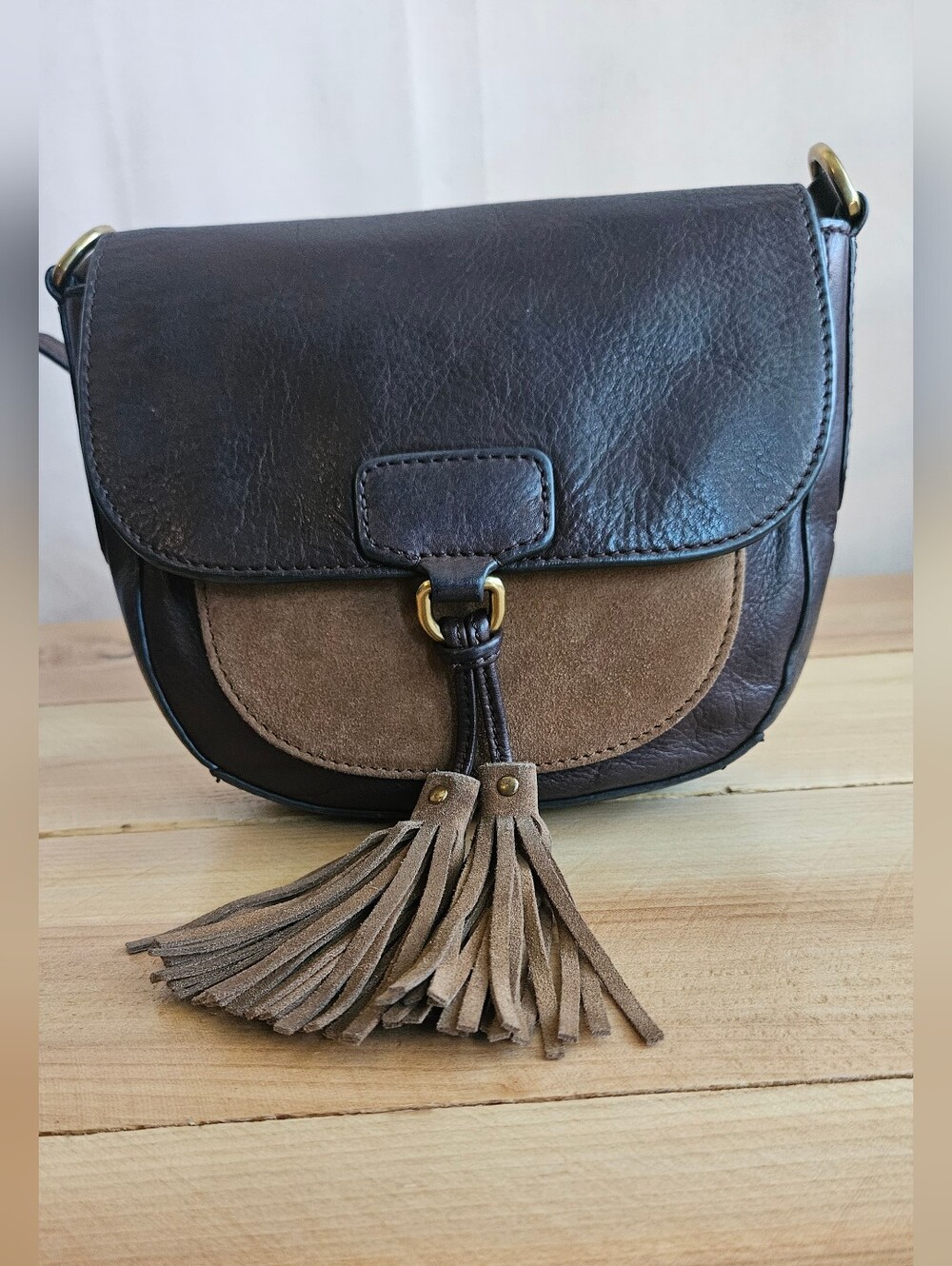 Frye Clara Brown Leather & Suede Tassel Crossbody Bag